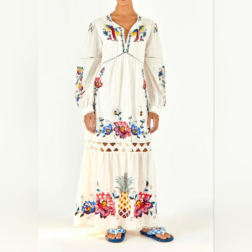 FARM Rio S White Maxi Dress with Multicolor Floral & Pineapple Embroidery